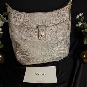 Brahmin Beige Crocodile Embossed Shoulder Bag